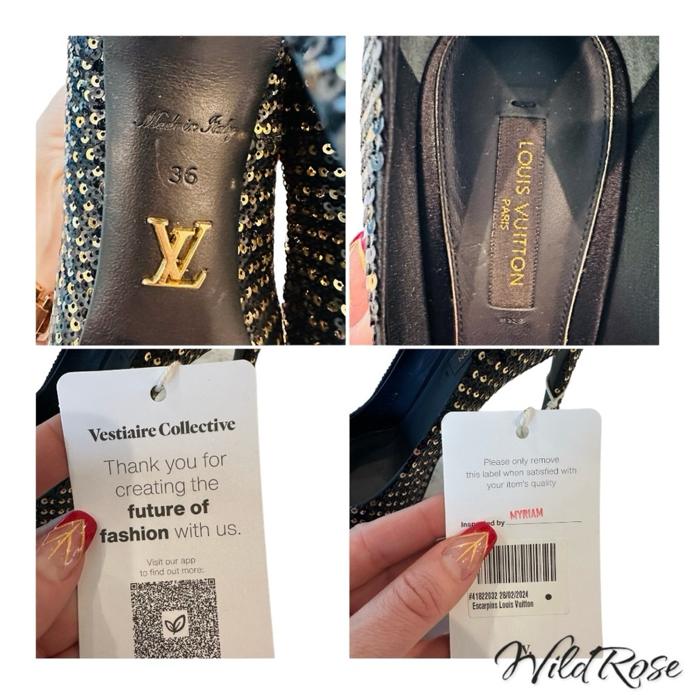 Louis Vuitton LV ‘Midnight Sun’ Black & Gold Sequins Pointy Toe Leather Pumps 36 - Picture 13 of 16